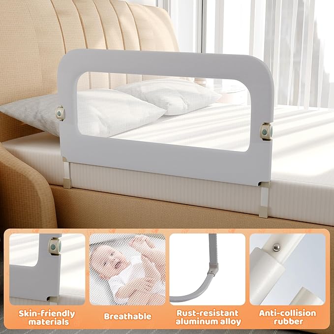Bed Guard Rail for Toddlers - 47inch Foldable & Adjustable Height Baby Bed Safety Side Rails - Large Toddler Crib Railing Guard for Twin, Bunk, Full Size, Queen & King, Full Size Bed Grey-CubbioJoy
