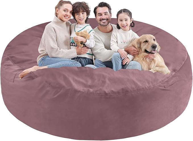 7FT Bean Bag Chair, Large Bean Bag Chairs with Memory Foam Filled, Fluffy Beanbag Sofa with Dutch Velvet Cover, Round BeanBag Chairs for Living Room, Playroom - Dusty Pink-CubbioJoy
