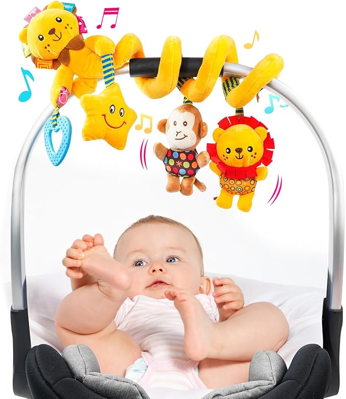 Jollybaby Crib Stroller Car Seat Toys for Baby 0-3-6-9-12 Months, Tummy Time Hanging Sensory Toys for Newborn with Music Box and Teether, Spiral Carseat Toy for Infant Boys Girls Gifts (Little Lion)-CubbioJoy