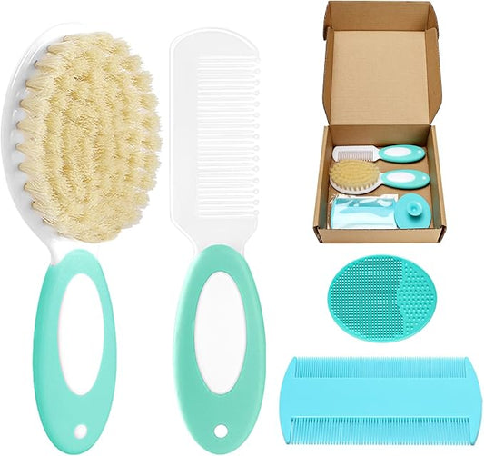 Baby Hair Brush and Comb Set, 4Pcs Baby Soft Bristles Hairbrush Cradle Cap Brush Hair Comb for Newborns Toddlers Boys Girls (Green)-CubbioJoy