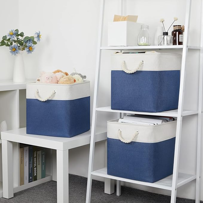 Bidtakay Storage Baskets Large Cube Storage Bins Fabric Baskets for Organizing Shelves 13x13 Navy Blue Square Storage Bins Large Set of 3 Linen Closet Organizers for Cabinet Home-CubbioJoy