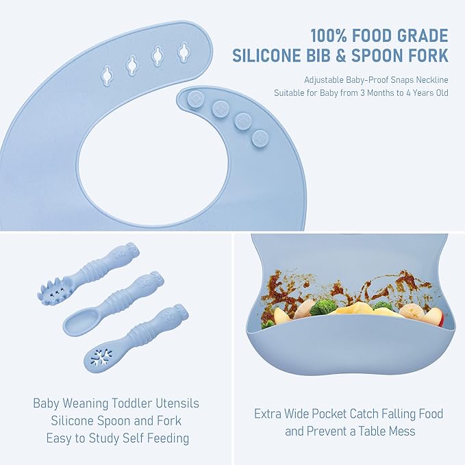 Baby Weaning Set, Silicone Baby Feeding Set(10 Pcs), Toddler Weaning Set with Adjustable Bib, Suction Bowl, Plate, Fork, Spoon, Water & Snack Cup Kit, Baby Led Weaning Kit for Babies and Kids-CubbioJoy