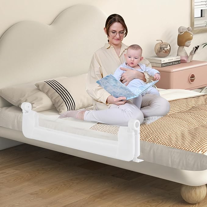 BABY JOY Bed Rails for Toddlers, Swing Down Safety Bed Guard for Convertible Crib, Folding Baby Bedrail for Kids Twin, Double, Full Size Queen & King Mattress (48-Inch, White)-CubbioJoy