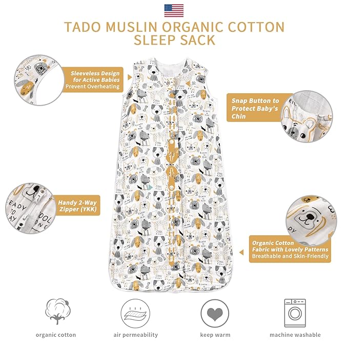 Baby Sleep Sack 2-4 T Baby Wearable Blanket 100% Organic Cotton 0.5 TOG Toddler Sleeping Sack 2- Way Zipper Soft Lightweight X-Large Pup-CubbioJoy