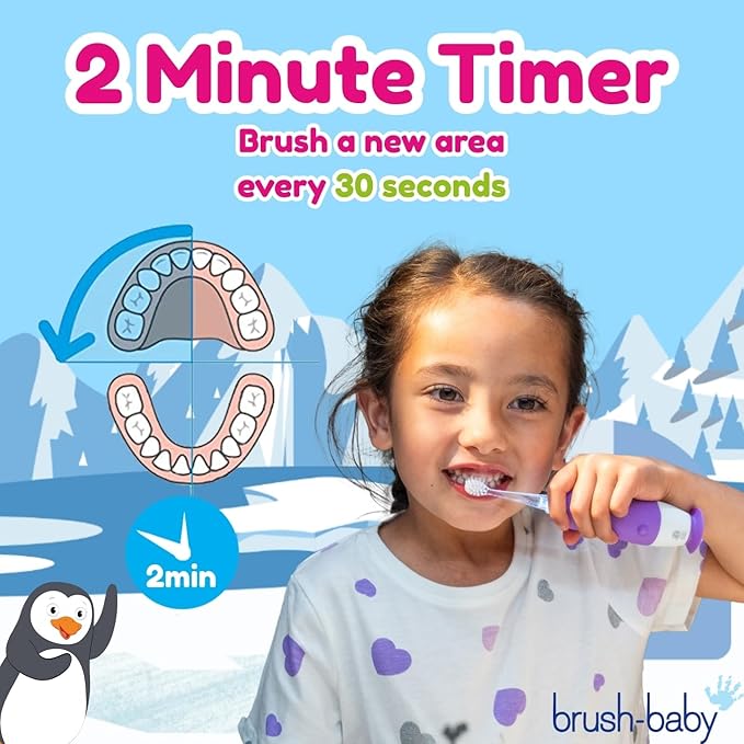brush-baby WildOnes Kids Electric Rechargeable Toothbrush Penguin, 1 Handle, 3 Brush Heads, USB Charging Cable, for Ages 0-10 (Penguin)-CubbioJoy