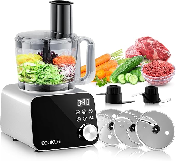 COOKLEE Food Processor, 600 Watts, 6 Functions Electric Food Chopper for Chopping, Mincing, Dicing, Shredding, Slicing, Purees & Dough with 12cup Processor Bowl, Food Chute & Pusher, Silver-CubbioJoy