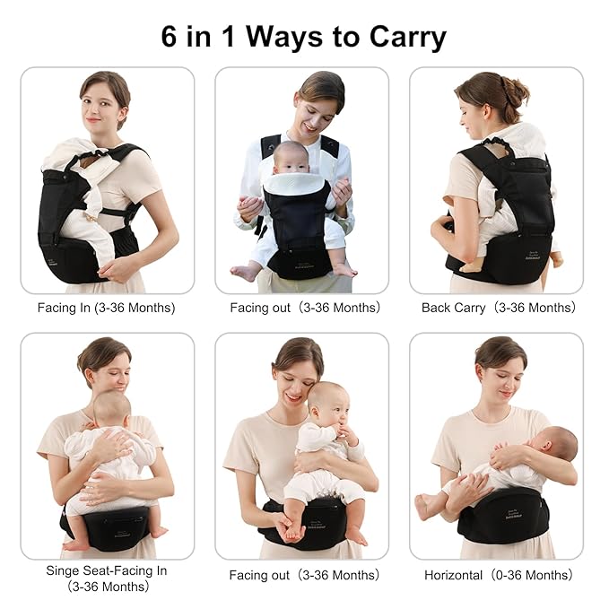 Bebamour Baby Carrier with Hip Seat,All-Position Breathable Mesh Hip Seat & Carrier 0-36Months with Head Hood, 3 PCS Teething Pads, Waist Extender,Storage Bag & Pacifier Case(Black)-CubbioJoy