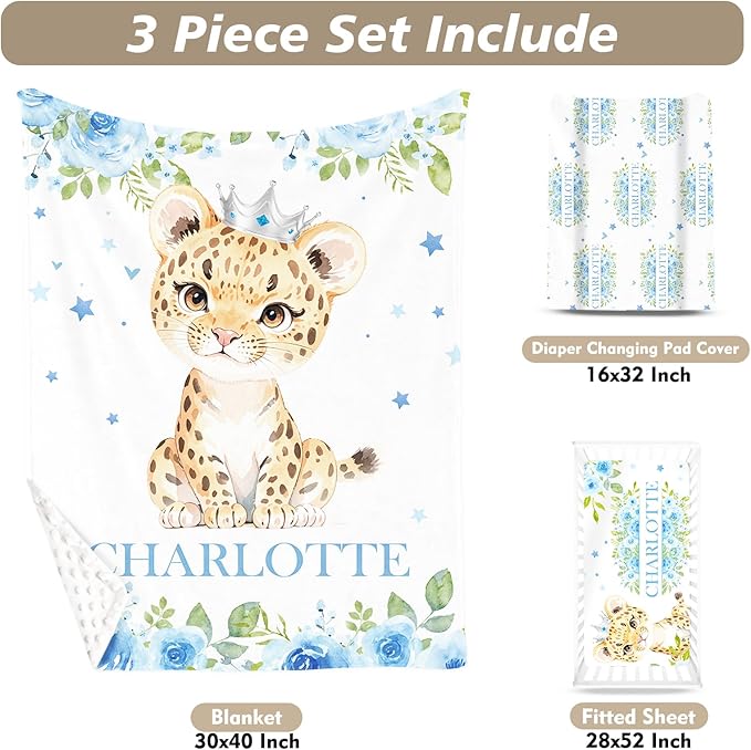 Custom Name Crib Bedding Set - Blue Floral Leopard Pattern, Personalized Nursery Bedding 3-Piece Set– Soft Blanket, Fitted Sheet, Changing Pad Cover – for Newborns Girls Nursery Gifts-CubbioJoy