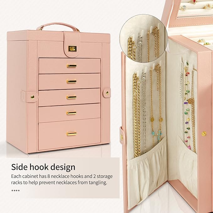 AKOZLIN Large Jewelry Box Organizer Functional Lockable with Big Mirror, Leather Jewelry Storage Case for Women Girls Ring Necklace Earring Bracelet Holder Organizer Pink-CubbioJoy