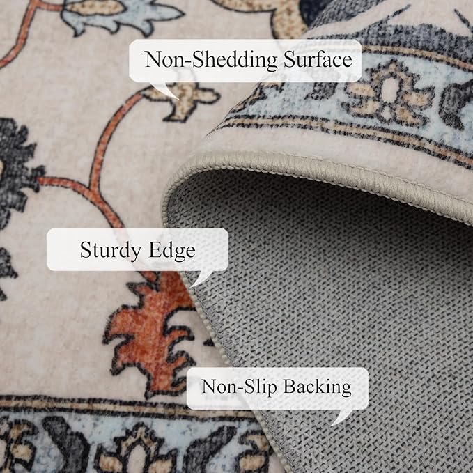 9x12 Area Rug Living Room Rugs, Stain Resistant Washable Rug, Vintage Large Non-Slip Backing, Low Pile Lightweight Print Rug for Bedroom Dinning Room Home Office (Blue/Gray)-CubbioJoy