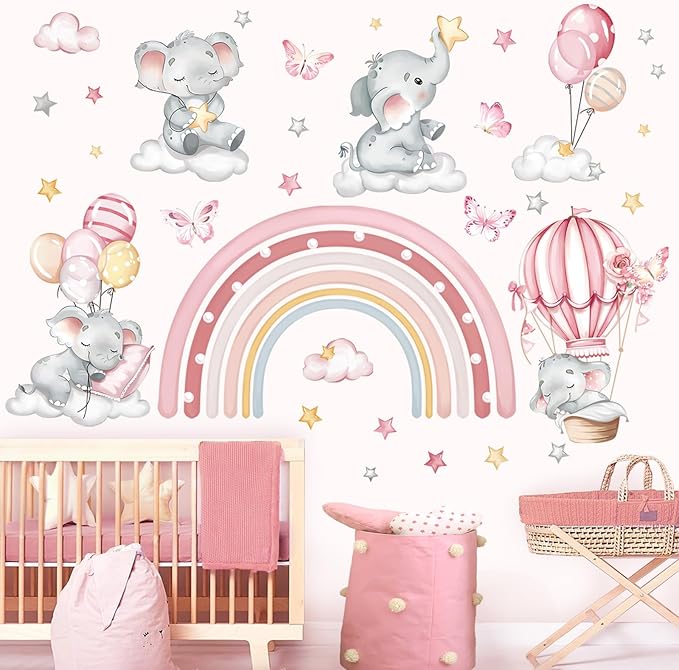 decalmile Pink Rainbow Elephant Wall Stickers Hot Air Balloon Animals Clouds Stars Wall Decals Baby Nursery Kids Bedroom Daycare Wall Decor-CubbioJoy