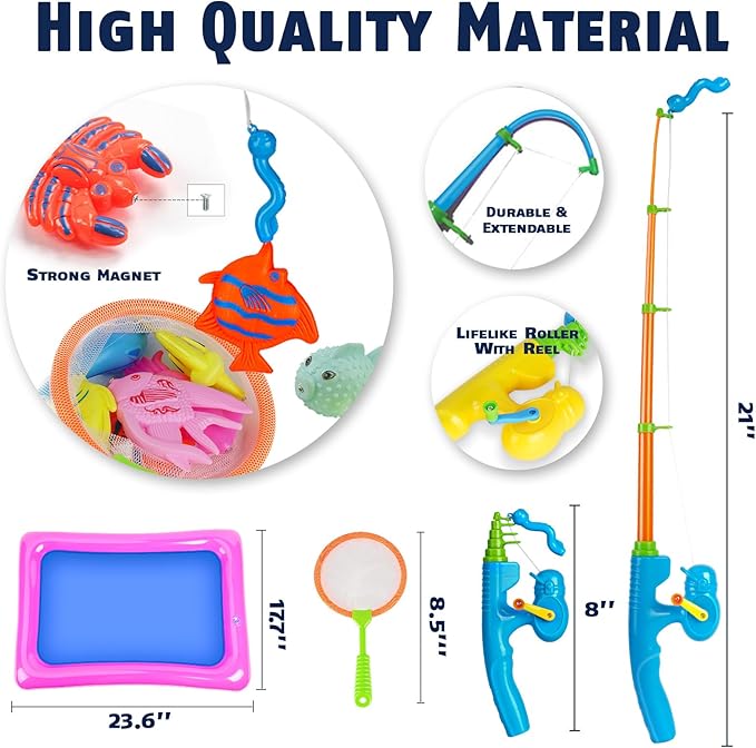 CozyBomB™ Magnetic Fishing Toys Game Set for Kids | Water Table Bathtub Kiddie Pool Party & Pole Rod Net, Plastic Floating Fish Toddler Color Ocean Sea Animals Birthday Age 3 4 5 6 Year-CubbioJoy
