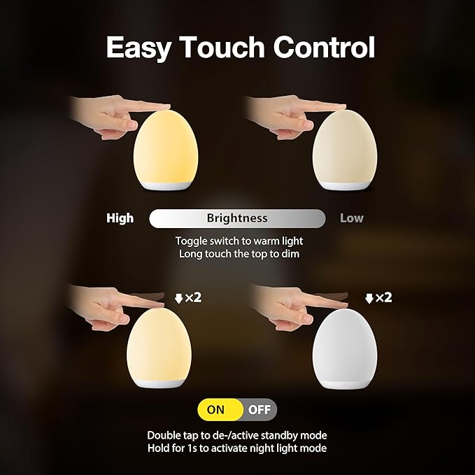 JolyWell Night Light for Kids, Baby Egg Light with 7 Colors Changing Mode & Stepless Dimming, Nursery Night Lamp BPA Free,Rechargeable Egg Night Light for Breastfeeding 1h Timer & Touch Control, Wood-CubbioJoy