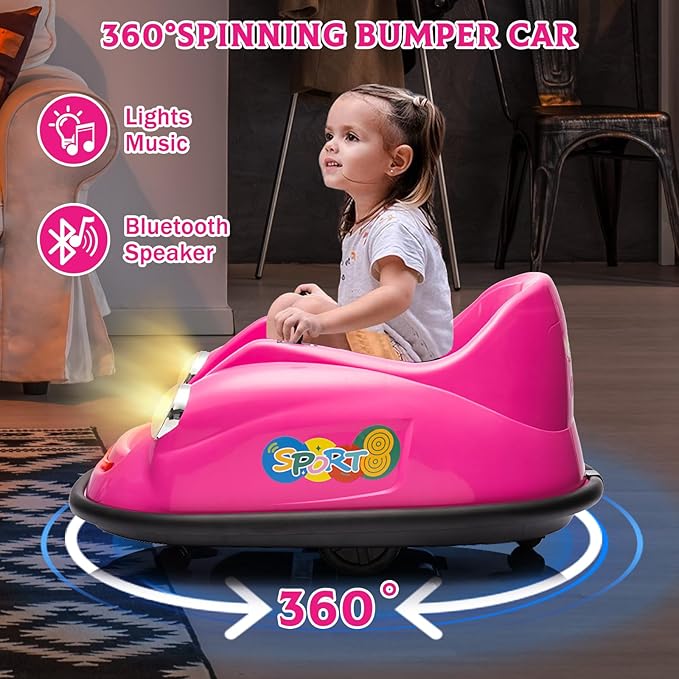 12V Bumper Car for Toddlers, Electric Toy Ride on Battery Car with Kids W/Parent Remote Control, 2-Speed, 360 Degree Spin, Music & LED Lights for Kids, Pink-CubbioJoy