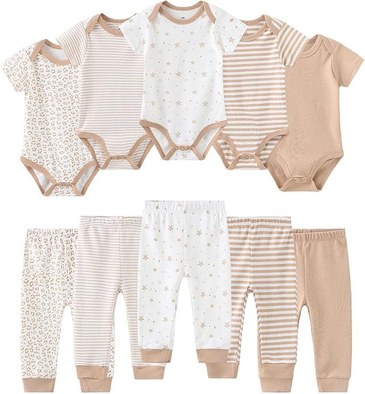 Baby Bodysuit and Pant Set 10-pcs Cotton Soft Newborn Boy Girl Clothes Outfits