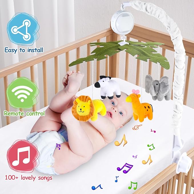 Baby Crib Mobile with Music and Lights, Mobile for Crib with Remote Control, Rotation, Starlight Projection, Crib Toys for Babies Boys Girls(Green)-CubbioJoy