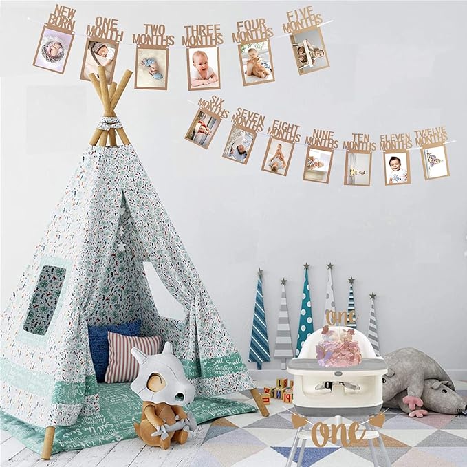 1st Birthday Photo Banner Decorations Monthly Milestone Photograph Bunting Garland with First Birthday Cake Topper High Chair Banner 1st Birth Decorations-CubbioJoy