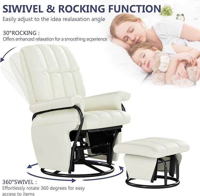AODAILIHB Swivel Glider Recliner with Ottoman, 360 Rocking Chair with Foot Rest Recliner Chair Indoor Rocking Chair with Side Pockets Nursery Chairs for Living Room, Bedroom, Office (White)-CubbioJoy