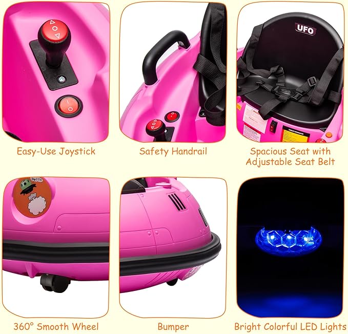 12V Electric Ride on Bumper Car for Toddlers, Kids Bumper Car with Remote Control, 360 Degree Spin, LED Lights, Dual Joysticks, Safety Belt for 18+ Months Kids, Pink-CubbioJoy