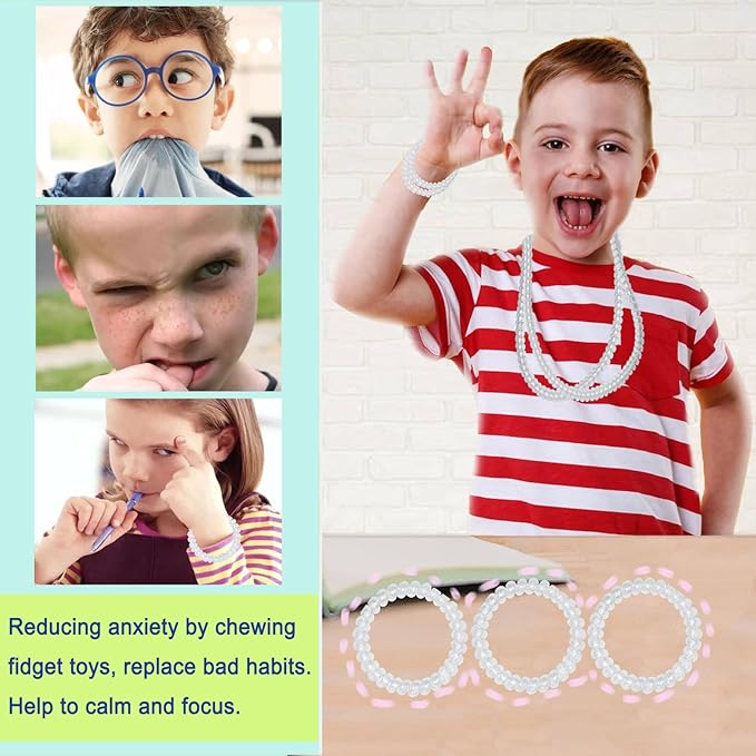 Chew Necklaces for Sensory Kids, 12 Pcs Clear Coil Chewy Necklaces Stretchy Bracelet for Boys Girls with Autism ADHD SPD,Oral Motor Chewable Necklace Reduce Anxiety and Fidgeting Stress-CubbioJoy