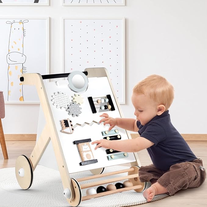 Beright Wooden Baby Walker with Roller, Push and Pull Learning Activity Walker, Multi-Functional Kids’ Activity Toy, Multiple Activities Center, Develops Motor Skills & Stimulates Creativity, Natural-CubbioJoy