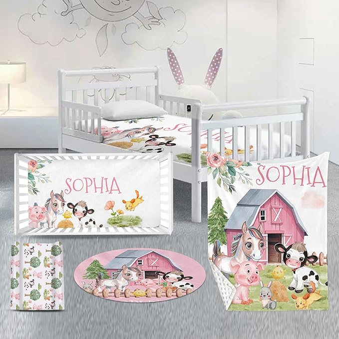 Custom Nursery Crib Bedding Set: Personalized Name 4 Piece Animal House Design Baby Crib Sets for Girls - Toddler Double Layer Blanket Set, Comfortable Crib Bed Sheets for Baby Toddlers-CubbioJoy