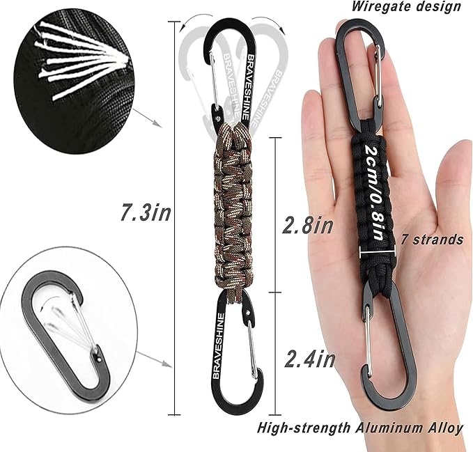BRAVESHINE Paracord Keychain Carabiner Clip, D Ring Lanyard Hanger Stroller Hook for Water Bottle, Key, Backpacks, Men, Women-CubbioJoy