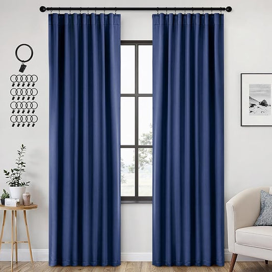 ANRODUO Back Tab Blackout Curtains for Bedroom Living Room, Rod Pocket Pinch Pleated Thermal Insulated Room Darkening Curtains 90 Inches Long 2 Panels, Navy Blue, 42 x 90 Inch-CubbioJoy