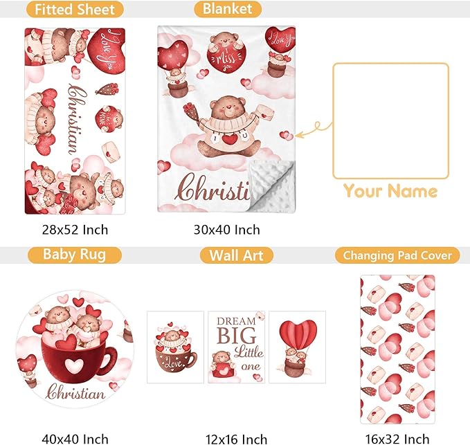 Custom Crib Bedding Set, 5 Pcs Personalized Name Nursery Bedding Set with Double Layer Flannel Blanket, Heart & Bear Baby Crib Set for Girls Boys, Customized Gifts for Infants Babies Toddlers-CubbioJoy