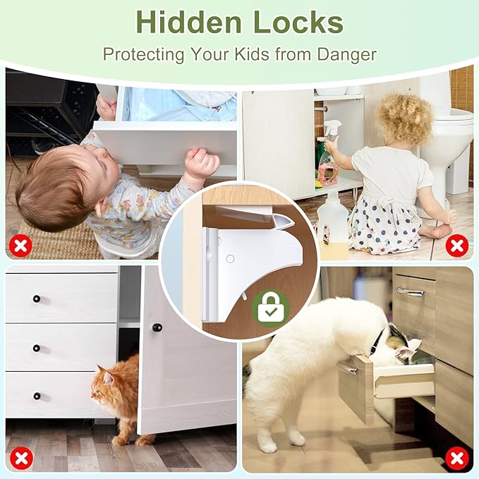 Child Safety Magnetic Cabinet Locks 4 Pack-AOSITE Baby Proofing Magnetic Drawer Locks for Kitchen with Adhesive No Drilling or Screws Fixed, Baby Safety Cabinet Locks-CubbioJoy