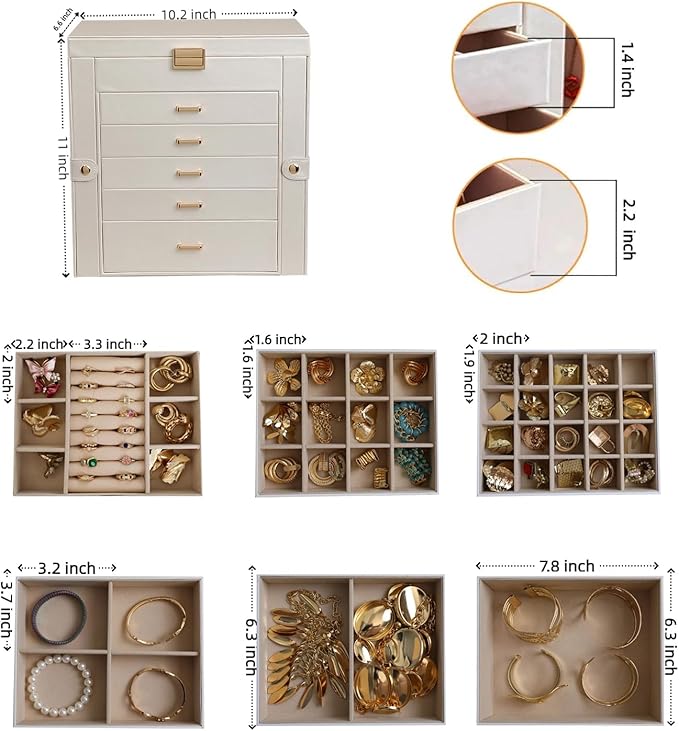 BOOVO Jewelry Box For women, 6 Layer Large Jewelry Organizer With Mirror, Multi-Function Storage Box With Lock, Necklace Holder With 5 Drawers, For Earrings Necklace Bracelet (Pearl White and Gold)-CubbioJoy