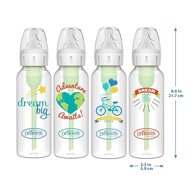 Dr. Brown's Natural Flow Anti-Colic Options+ Narrow Baby Bottle, Dream Adventure, 8 oz/250 mL, with Level 1 Slow Flow Nipple, 0m+, 4 Count (Pack of 1)-CubbioJoy