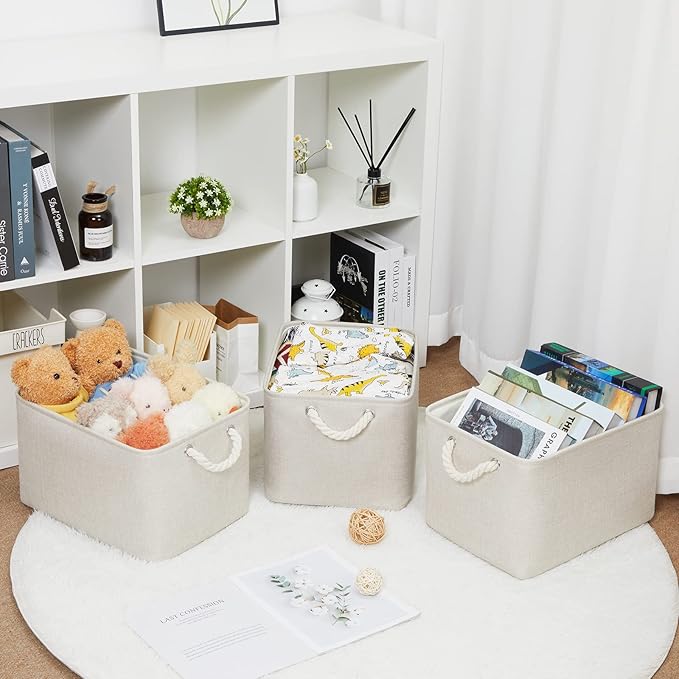 Bidtakay Baskets Collapsible Large Toy Storage Baskets for Organizing Set of 3 Closet Organizer Linen Cream Storage Bins 15 X 11 X 9.5 Inch Shelf Organizer Bins for Nursery Storage (Light Beige)-CubbioJoy