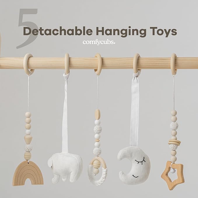 Comfy Cubs Wooden Baby Play Gym - Natural Finish Pinewood Baby Activity Gym with 5 Sensory Hanging Toys - Easy No-Tool Assembly, Safe and Durable for Infant Motor and Visual Development - Natural Wood-CubbioJoy