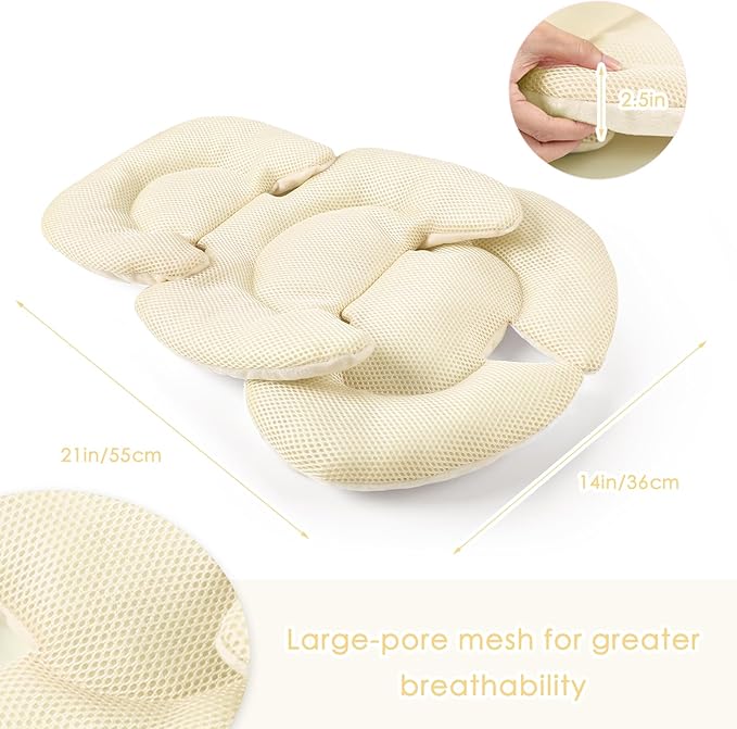 Infant Car Seat Insert for Newborn Girls Boys, Summer Mesh Baby Carseat Head Support with Strap Pads, Soft Reversible Baby Car Seat Insert Cushion Pad for Car Seat, Stroller, Bouncer, Swing, Beige-CubbioJoy