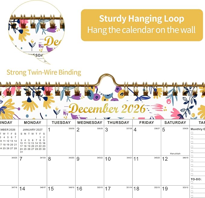 Calendar 2025-2027 22 Monthly Wall Calendar Runs from September 2025 until June 2027 Spiral Binding Hanging 11.5" x 14.7" Thick Paper with Julian Dates and Block for School Office（Flower）-CubbioJoy