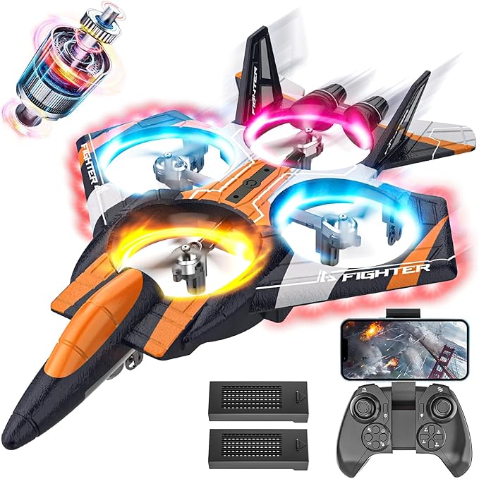 BEZGAR RC Plane for Kids | 2.4GHZ Brushless Drones with Camera, 6-axis Gyro Remote Control Airplane, 360° Flip Fighter Jet Toy, Toys for Ages 8+ with Colorful LED Navigation Lights Orange-CubbioJoy