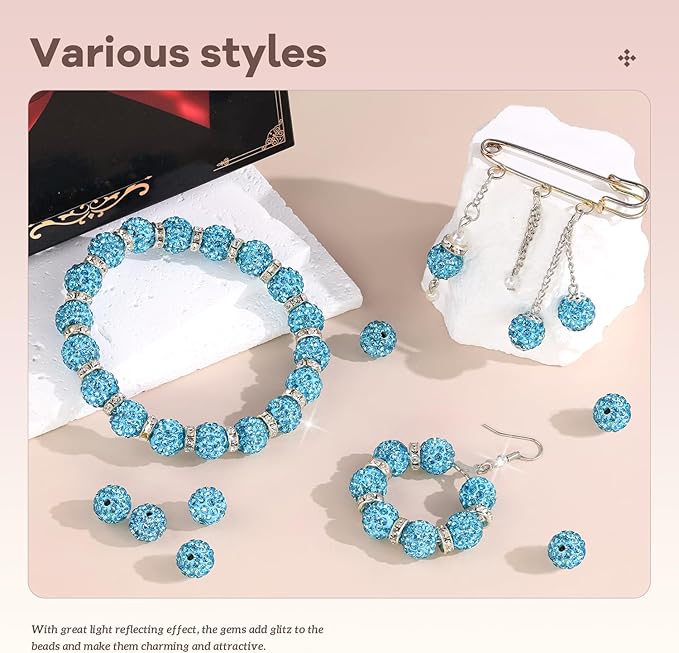 200pcs 10mm Rhinestone Beads for Jewelry Making, Aquamarine Shiny Round Disco Ball Beads Bulk, Sparkle Crystal Clay Christmas for Bracelet Baseball Necklace Earring Crafting and DIY-CubbioJoy