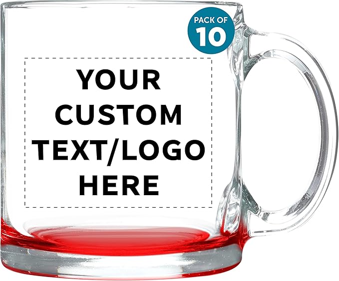 Custom Libbey Clear Glass Coffee Mugs 13 oz. Set of 10, Personalized Bulk Pack - Perfect for Coffee, Tea, Espresso, Hot Cocoa, Other Beverages - Red Bottom-CubbioJoy
