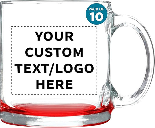 Custom Libbey Clear Glass Coffee Mugs 13 oz. Set of 10, Personalized Bulk Pack - Perfect for Coffee, Tea, Espresso, Hot Cocoa, Other Beverages - Red Bottom-CubbioJoy
