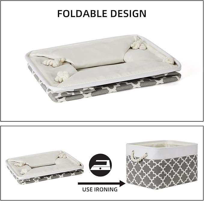 Bidtakay Basket Storage Bins Baskets for Organizing Set of 3 Collapsible Cloth Storage Linen Closet Organizer 15 X 11 X 9.5 Inches Large Foldable Baskets for Shelves (White&Quatrefoil Grey)-CubbioJoy