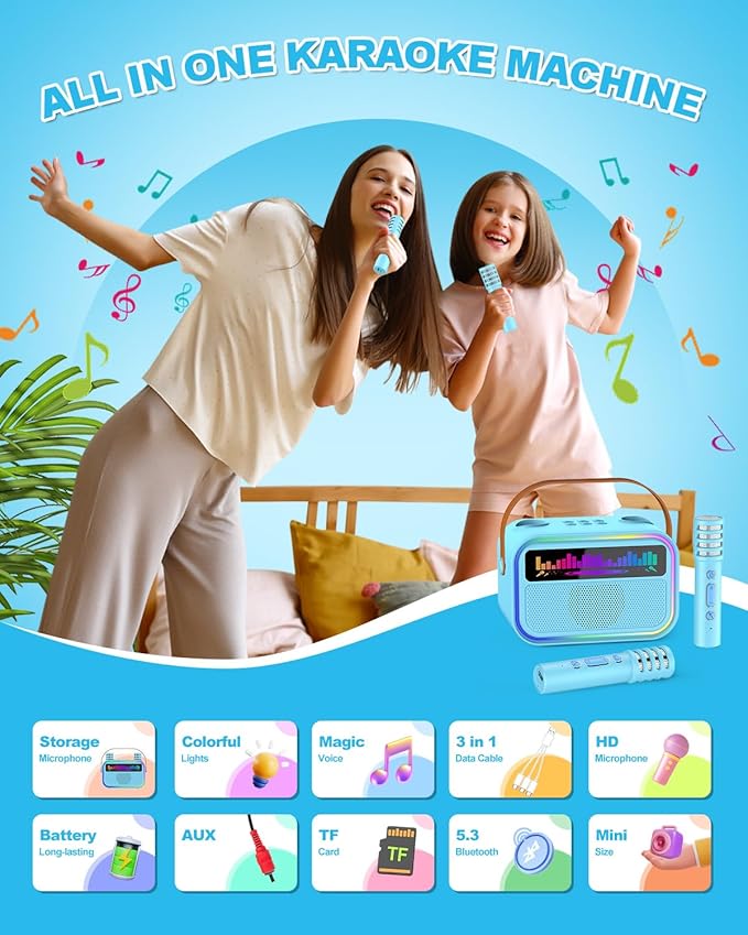 Karaoke Machine for Kids Adults, Birthday Gifts Toys for Girls Boys Age 3-12+,Mini Portable Bluetooth Singing Speaker with 2 Wireless Microphones & LED Lights (Blue)-CubbioJoy