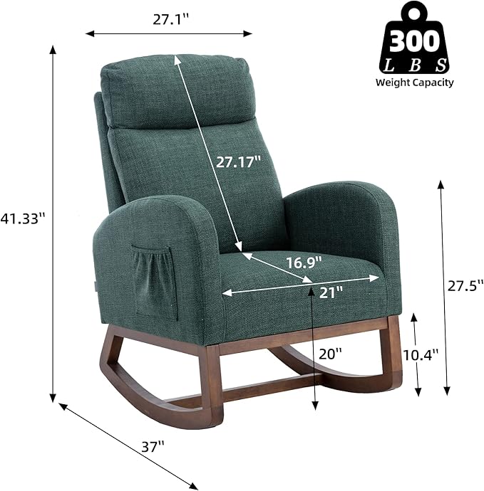Dolonm Nursery Rocking Chair for Living Room, Upholstered Mid-Century Modern Nursery Rocking Armchair Tall Back Accent Glider Rocker, Emerald-CubbioJoy