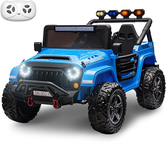 24V 2 Seater Ride On Truck with Remote Control 4WD Electric Car for Kids Ride On Car Battery Powered Ride On Toy Car with Music Player, LED Lights, Bluetooth, Rear Shock Absorber, Blue-CubbioJoy