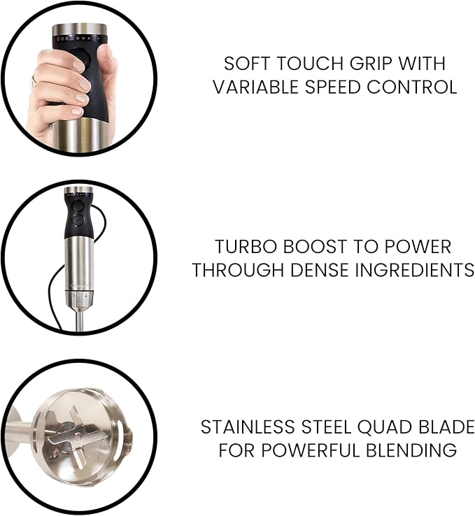 Kenmore Immersion Blender - Handheld Stick Mixer For Kitchen, Food Chopper, Whisk, Smoothie Milkshake Maker, Blend Baby Food, Protein Shake, Puree, Batidora De Inmersión Stainless Steel Blade, Black-CubbioJoy