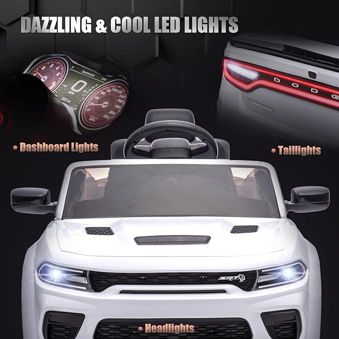 12V 7Ah Kids Electric Ride on Car, Licensed Dodge Charger SRT Hellcat, Battery Powered 4-Wheels Toy Car Electric Vehicle for Kids with Remote Control, 3 Speeds, LED Lights, Music (White)-CubbioJoy