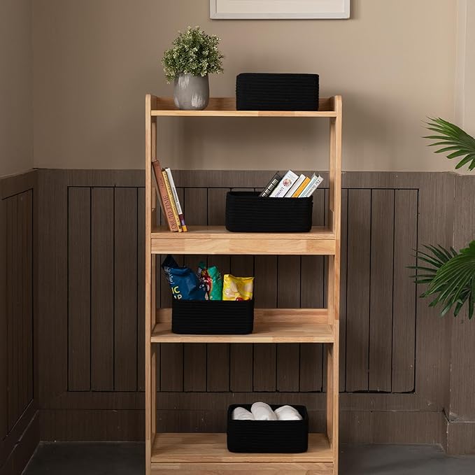 4 Pack Small Storage Shelf Baskets for Organizing, Mini Woven Rope Storage Bins for Towels, Cute Decorative Closet Organizer，Baby Nursery, Gift Empty Baskets -11.81''Lx7.87''Wx4.72''H-Black-CubbioJoy