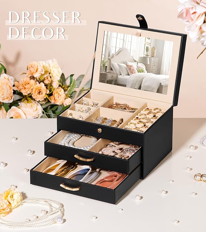 Black Jewelry Box Organizer: Home Decor for Women - 2-Drawer Holder for Valentine’s Day Birthday Christmas Black Grey-Purple-CubbioJoy