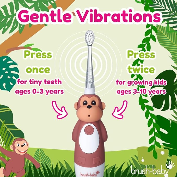 brush-baby WildOnes™ Rechargeable Kids Electric Toothbrush – Monkey | Flashing Lights, 2-Min Timer, Waterproof, 3 Brush Heads | Toddler & Child Toothbrush Ages 0-10 | Soft Bristles-CubbioJoy