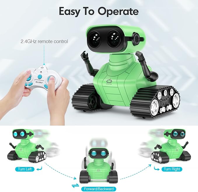 ALLCELE Robot Toys, Rechargeable RC Robot for Boys and Girls, Remote Control Toy with Music and LED Eyes, Gift for Children Age 3 Years and Up - Green-CubbioJoy